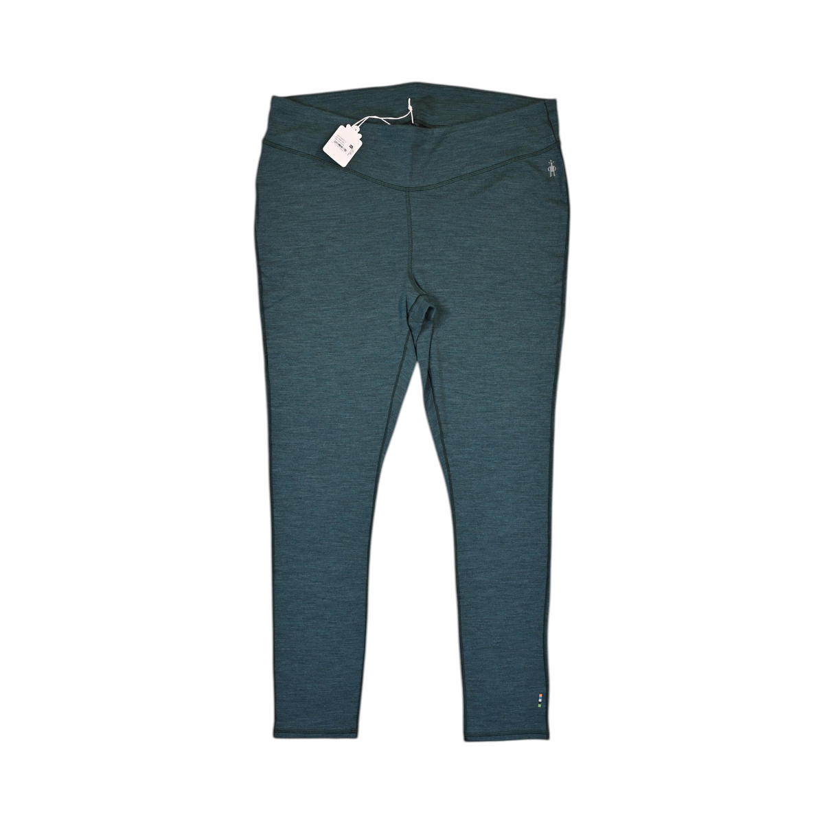 Deep teal-green Smartwool base layer leggings laid flat, plus size.
