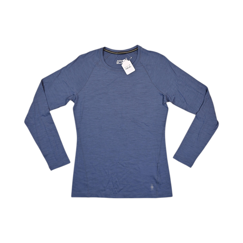 Heathered blue Smartwool base layer crew top laid flat.