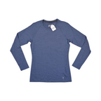Heathered blue Smartwool base layer crew top laid flat.