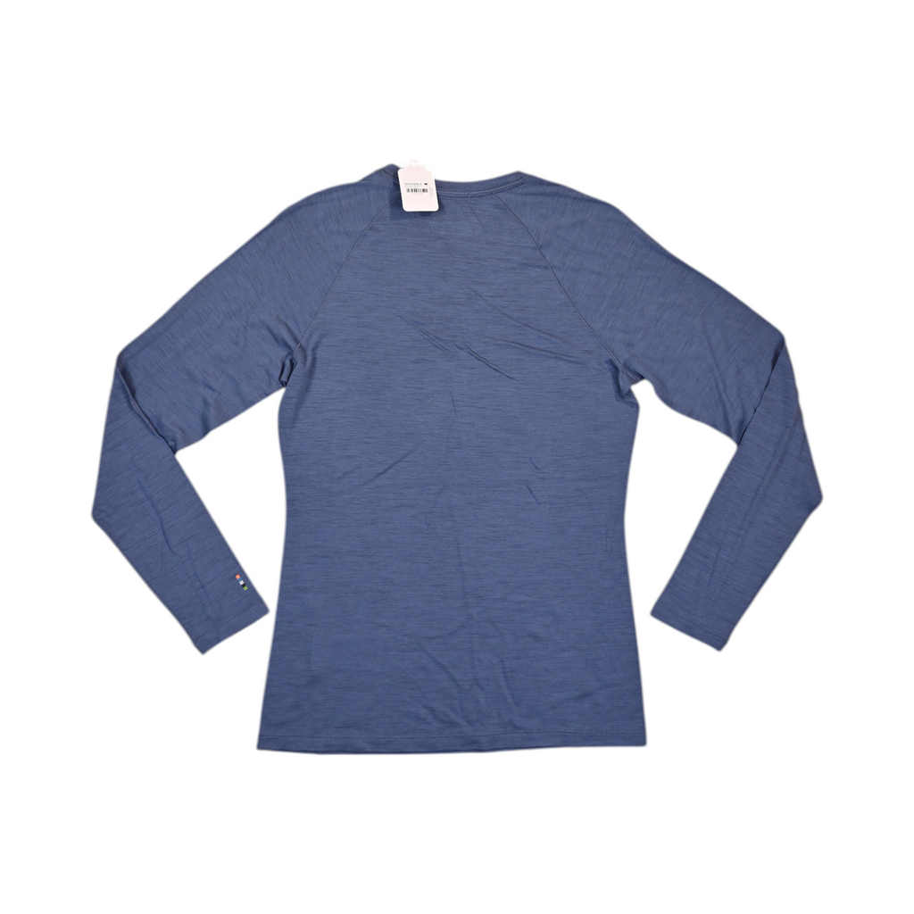 Detail view of a heathered blue Smartwool base layer crew top.