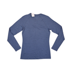 Detail view of a heathered blue Smartwool base layer crew top.
