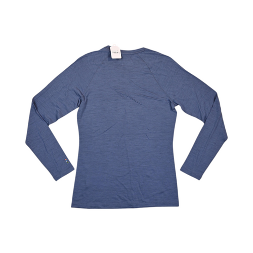 Detail view of a heathered blue Smartwool base layer crew top.