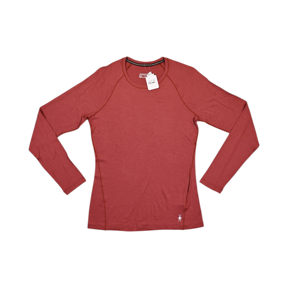 Heathered brick-red Smartwool base layer crew top laid flat.