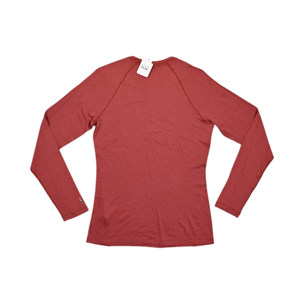 Detail view of a heathered brick-red Smartwool base layer crew top.