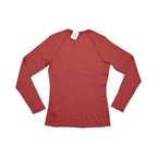 Detail view of a heathered brick-red Smartwool base layer crew top.