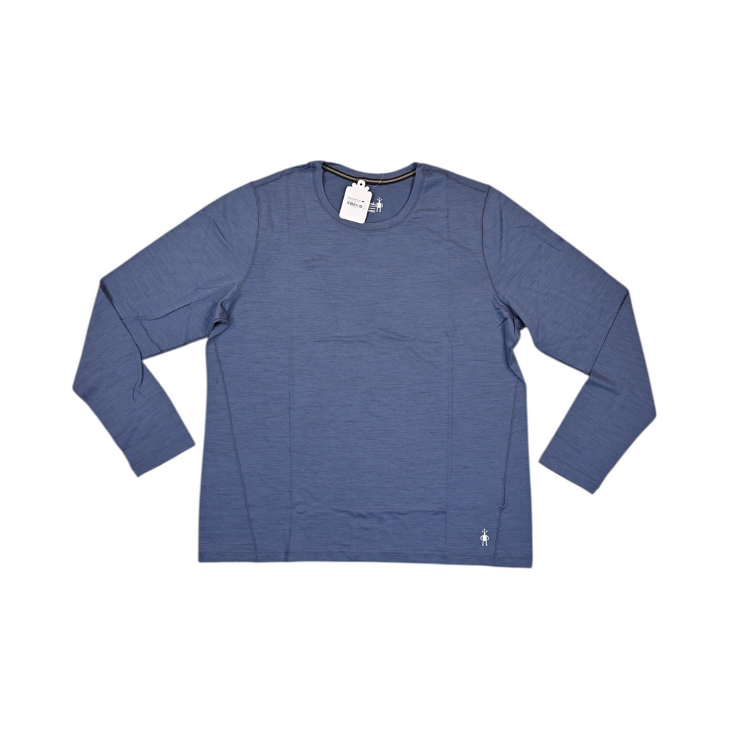 Heathered blue Smartwool base layer crew top laid flat, plus size.