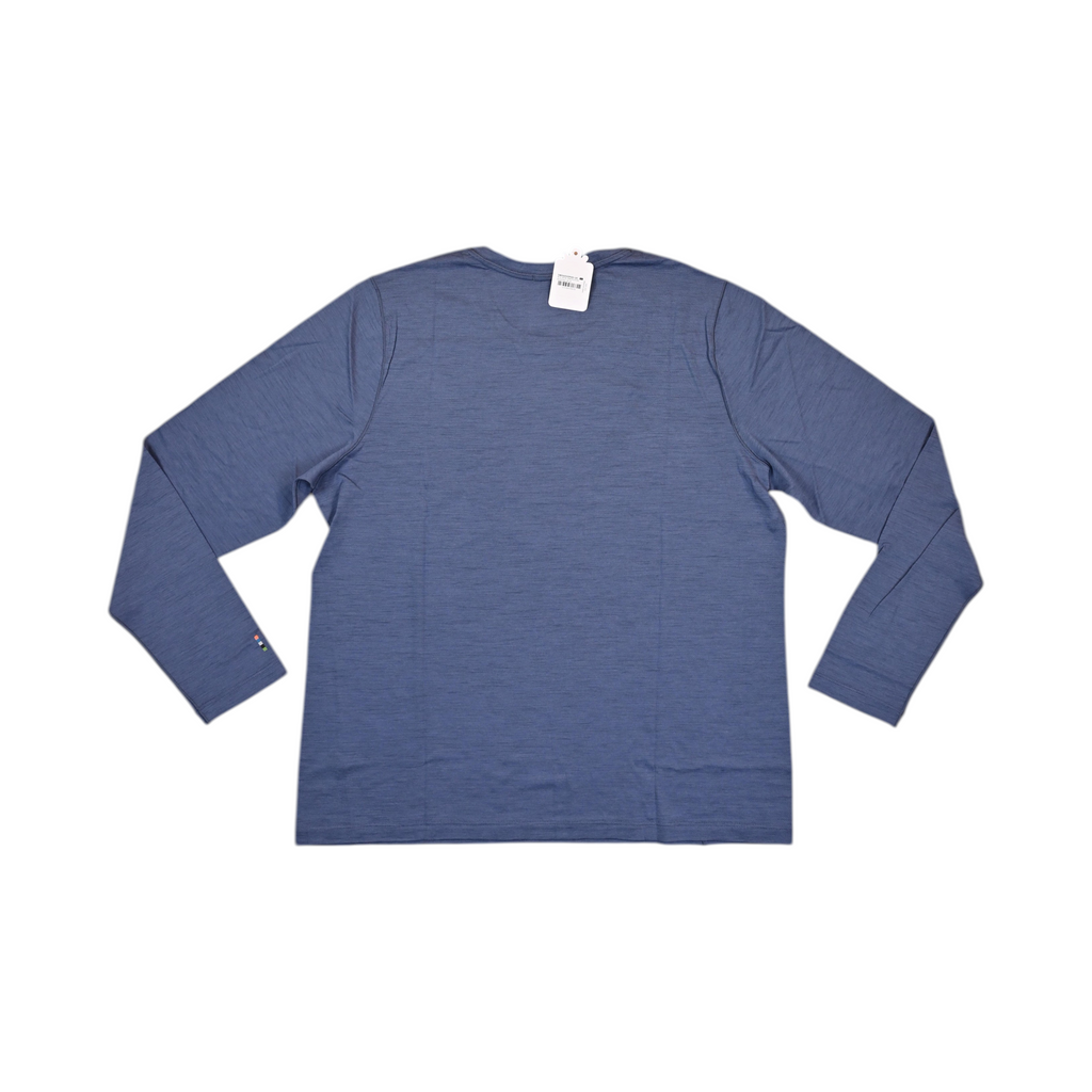 Back of a heathered blue Smartwool base layer crew top, plus size.