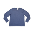 Back of a heathered blue Smartwool base layer crew top, plus size.