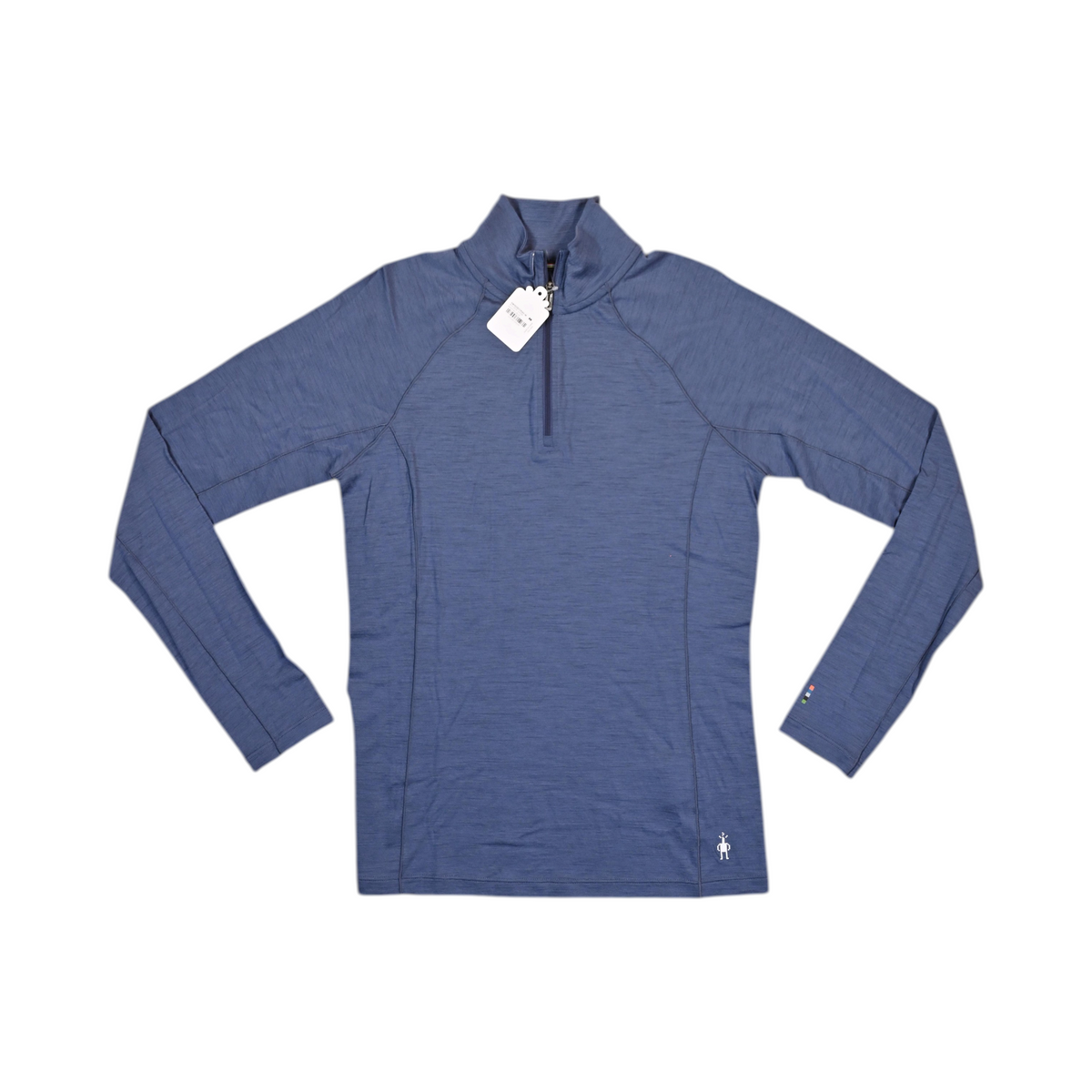 Heathered blue Smartwool quarter-zip base layer top laid flat.