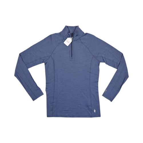 Heathered blue Smartwool quarter-zip base layer top laid flat.