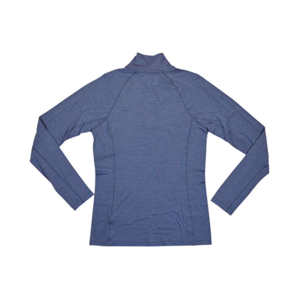 Back of a heathered blue Smartwool quarter-zip base layer top.