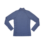 Back of a heathered blue Smartwool quarter-zip base layer top.
