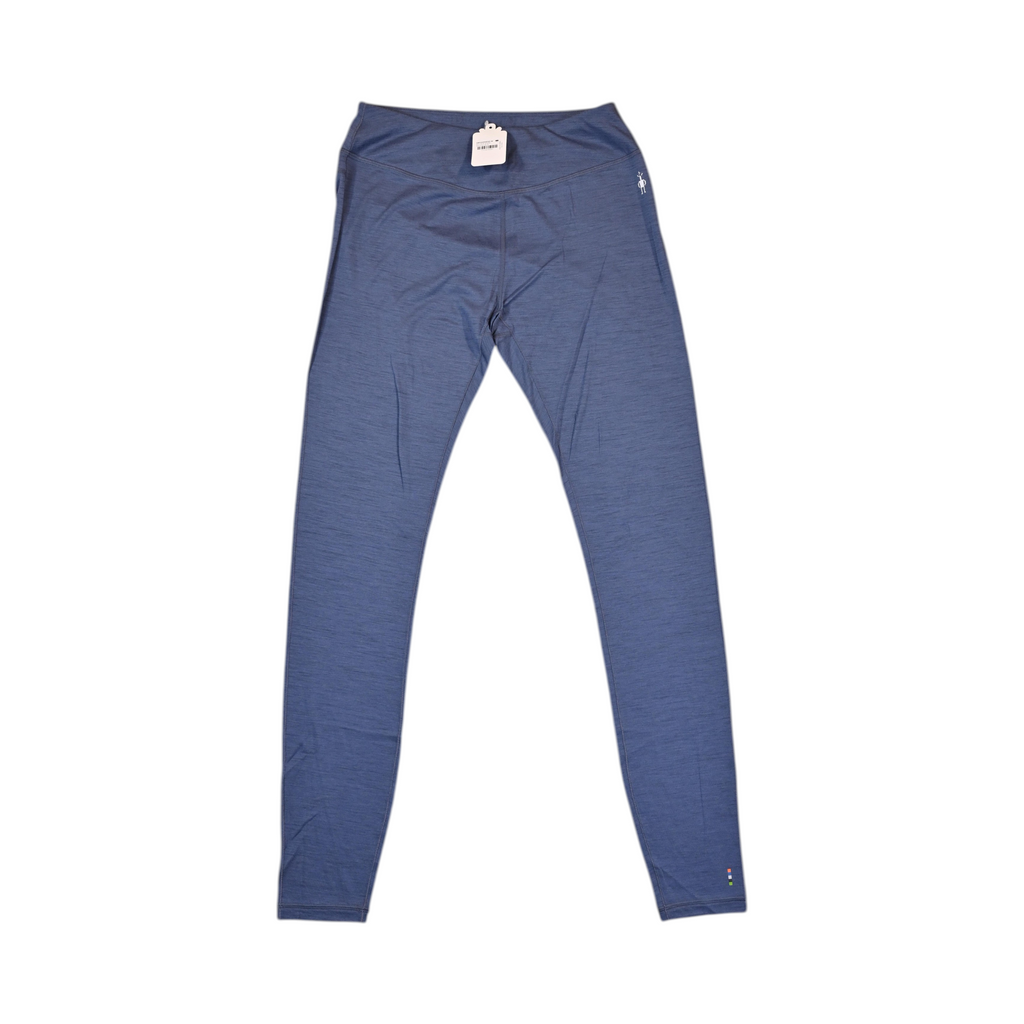 Heathered blue Smartwool base layer leggings laid flat.