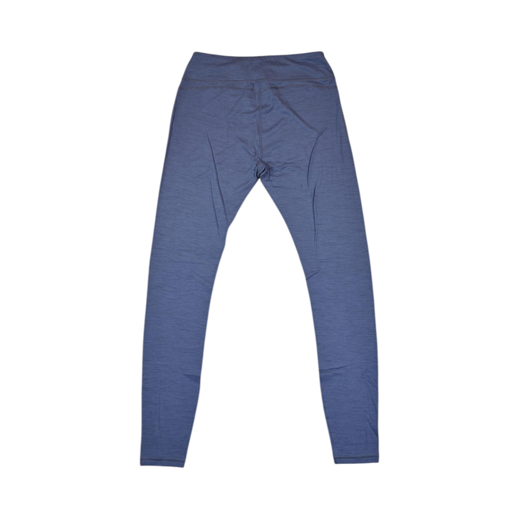 Detail view of heathered blue Smartwool base layer leggings.