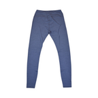 Detail view of heathered blue Smartwool base layer leggings.