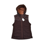 Deep espresso-brown hooded Smartwool vest laid flat, showing the front zip and hood.