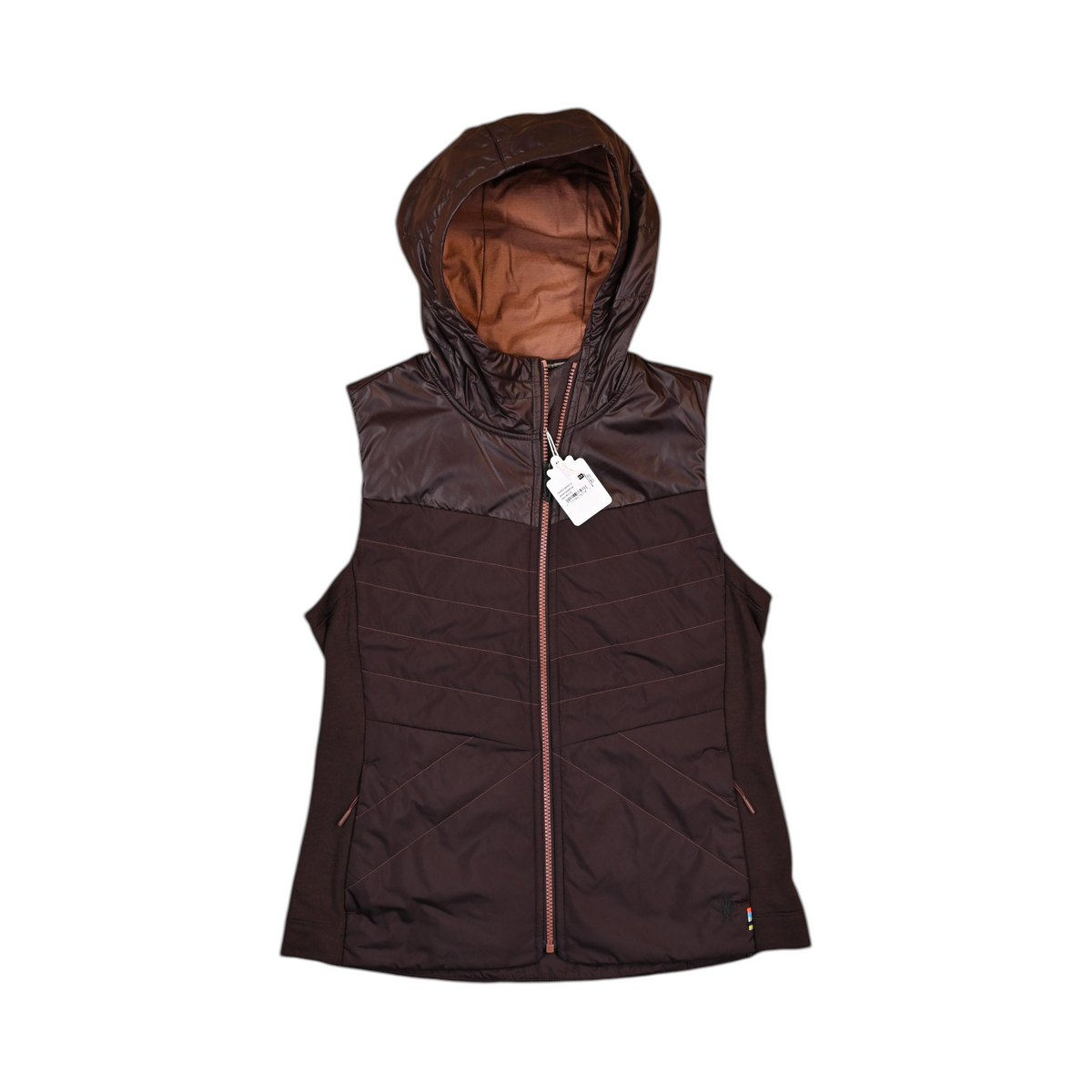 Deep espresso-brown hooded Smartwool vest laid flat, showing the front zip and hood.