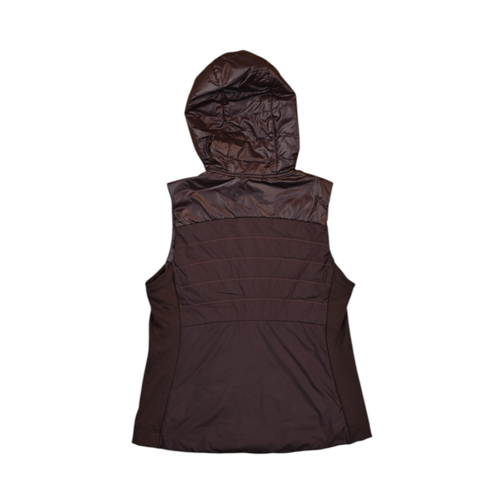 Back of a deep espresso-brown hooded Smartwool vest laid flat.