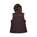 Back of a deep espresso-brown hooded Smartwool vest laid flat.