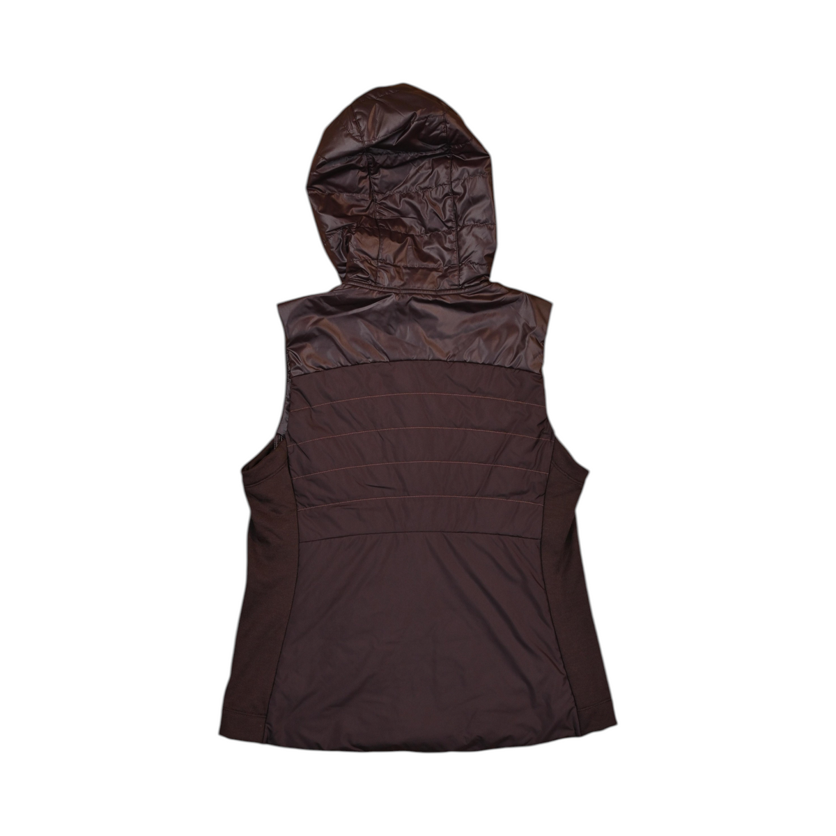 Back of a deep espresso-brown hooded Smartwool vest laid flat.