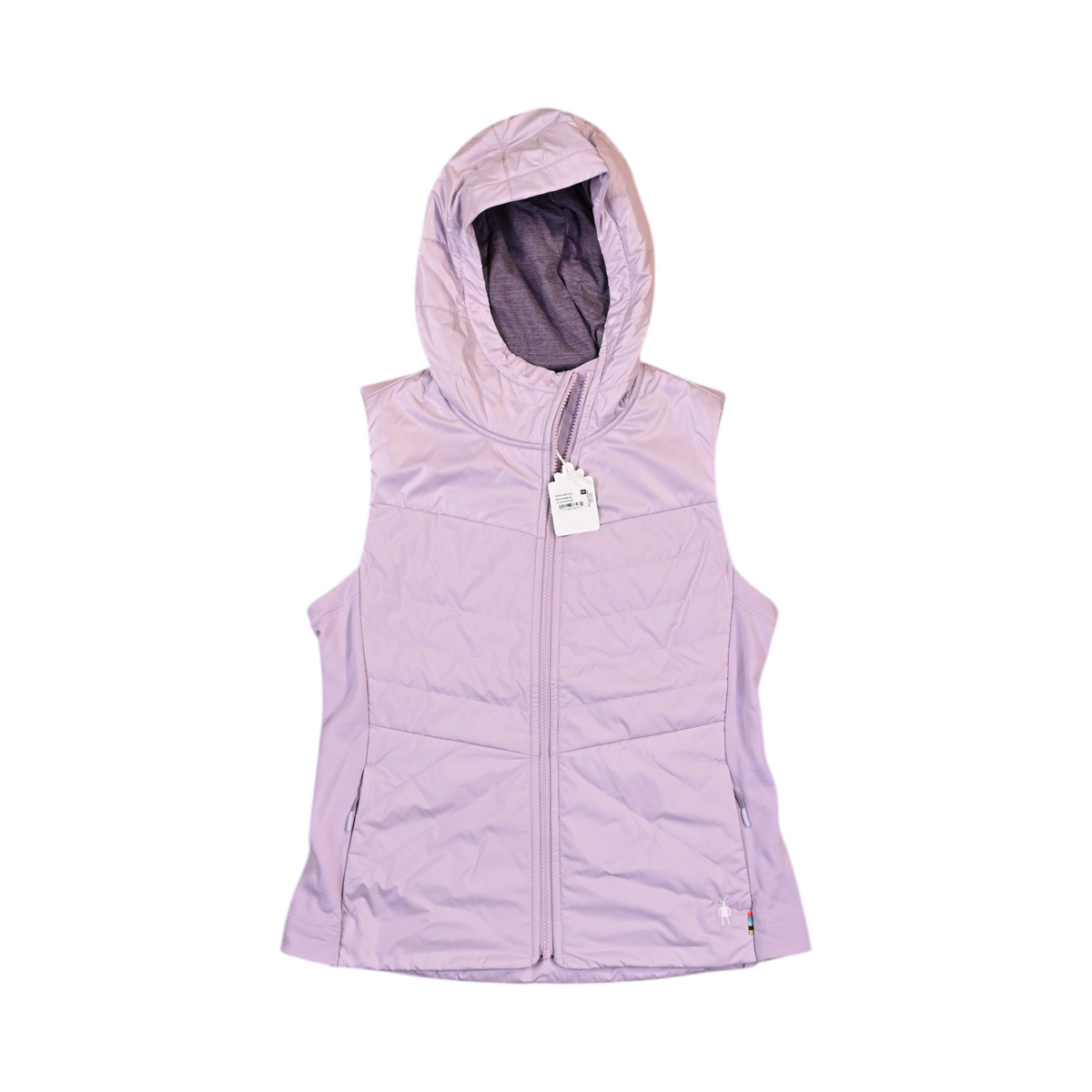 Pale lilac hooded Smartwool vest laid flat, showing the front zip and hood.