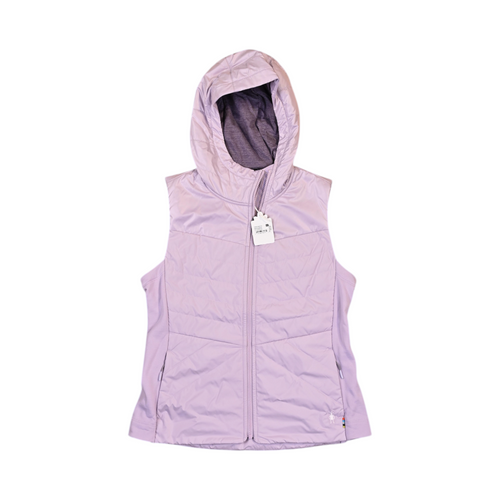 Pale lilac hooded Smartwool vest laid flat, showing the front zip and hood.