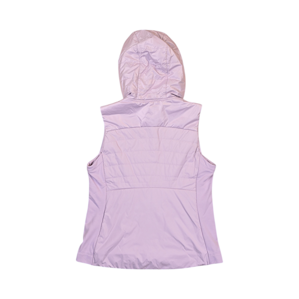 Back of a pale lilac hooded Smartwool vest laid flat.