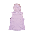 Back of a pale lilac hooded Smartwool vest laid flat.