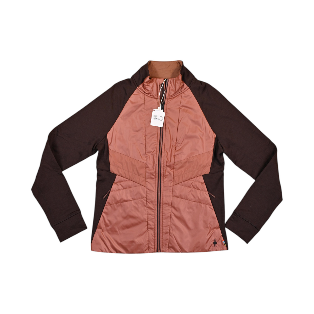 Coral and brown Smartwool hybrid jacket laid flat, showing the quilted front panel and fleece sleeves.