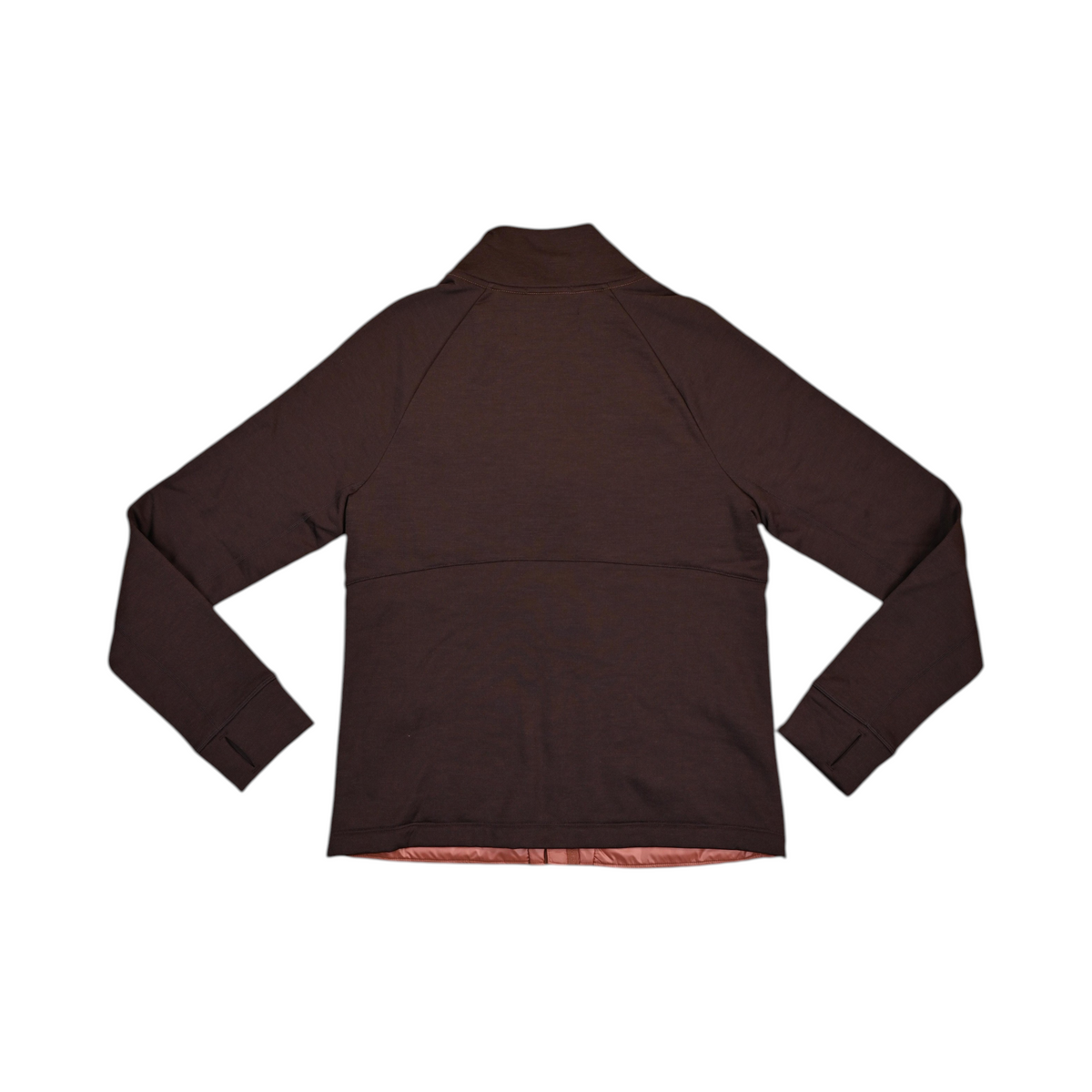 Back of a coral and brown Smartwool hybrid jacket laid flat.