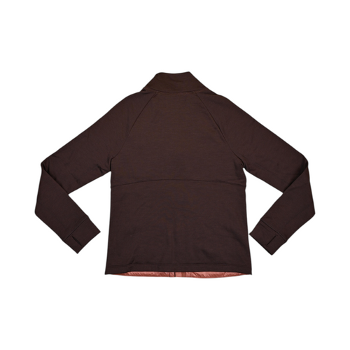 Back of a coral and brown Smartwool hybrid jacket laid flat.