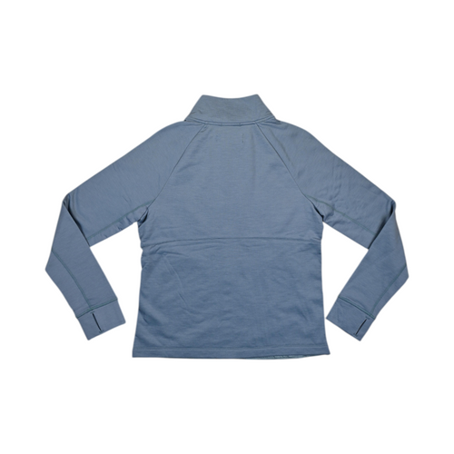 Back of a slate blue Smartwool hybrid jacket laid flat.