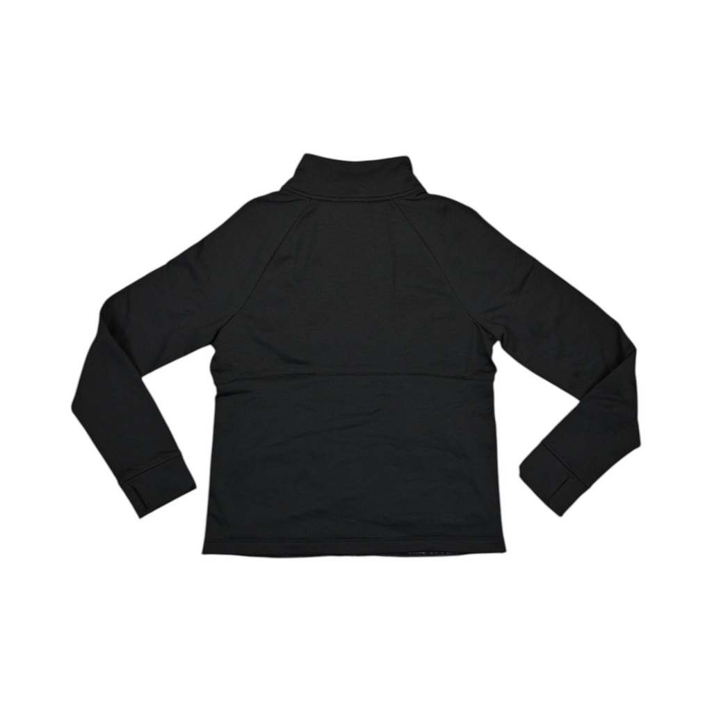 Back of a black Smartwool hybrid jacket laid flat.