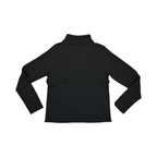 Back of a black Smartwool hybrid jacket laid flat.