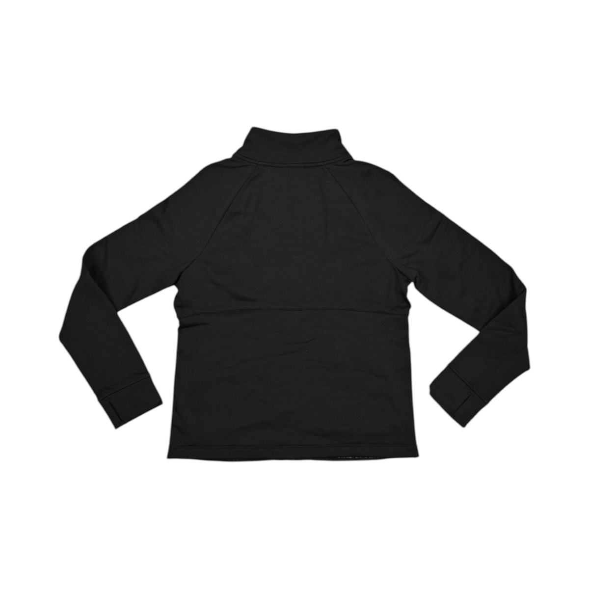 Back of a black Smartwool hybrid jacket laid flat.