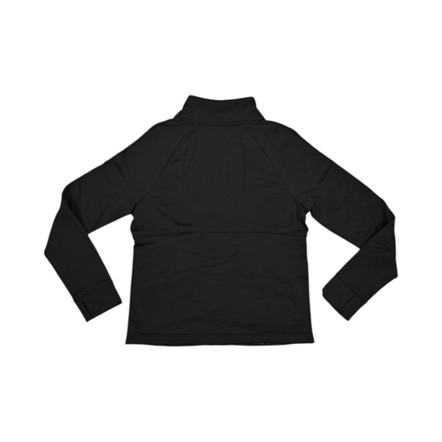 Back of a black Smartwool hybrid jacket laid flat.