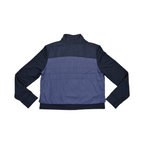 Back of a navy colorblock Smartwool cropped jacket laid flat.