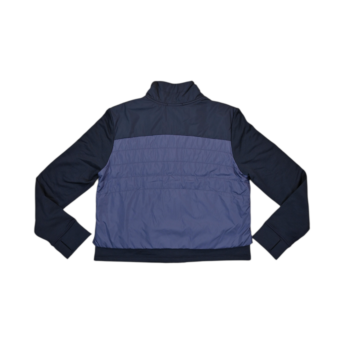 Back of a navy colorblock Smartwool cropped jacket laid flat.