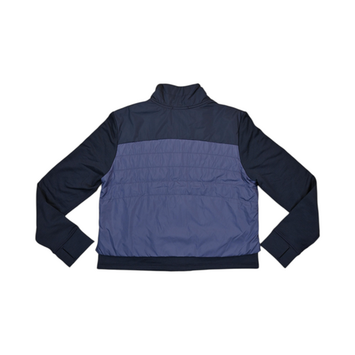 Back of a navy colorblock Smartwool cropped jacket laid flat.
