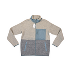 Oatmeal and grey colorblock Smartwool fleece jacket laid flat, showing the teal trim and pocket.