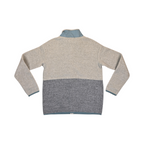 Back of an oatmeal and grey colorblock Smartwool fleece jacket laid flat.