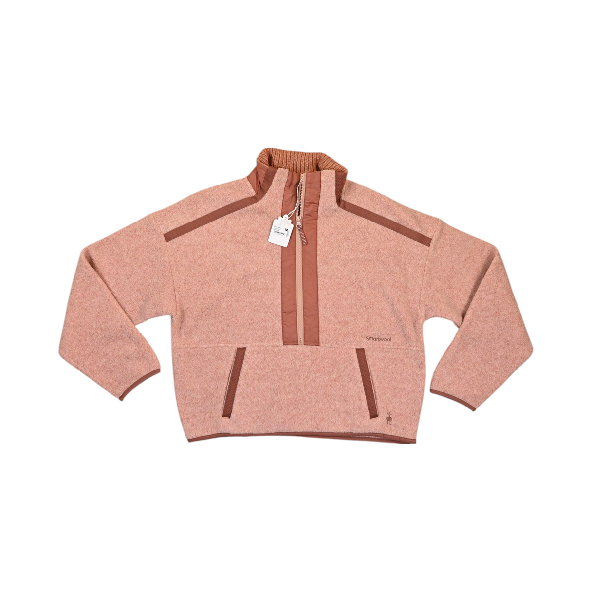 Dusty pink Smartwool cropped fleece pullover laid flat, showing the quarter-zip and pockets.