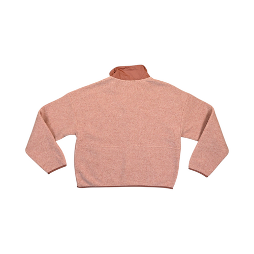 Back of a dusty pink Smartwool cropped fleece pullover laid flat.