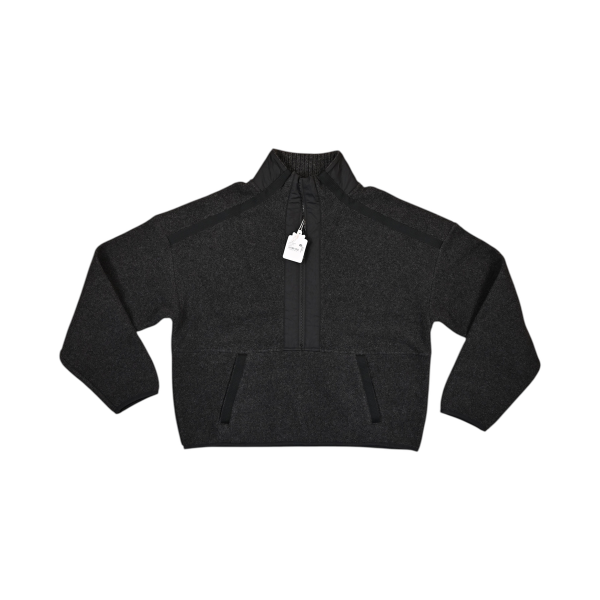 Charcoal Smartwool cropped fleece pullover laid flat, showing the quarter-zip and pockets.