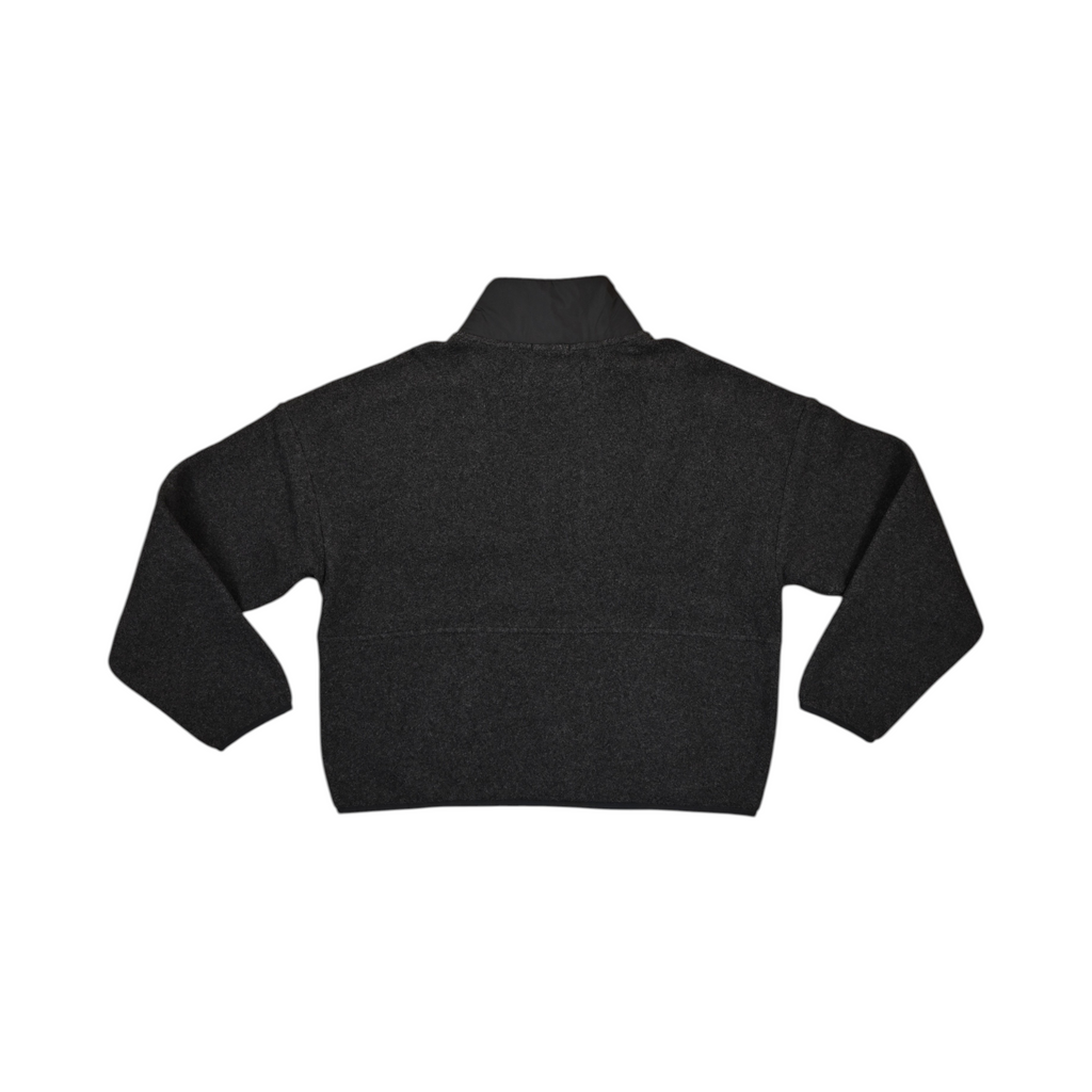 Back of a charcoal Smartwool cropped fleece pullover laid flat.