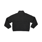 Back of a charcoal Smartwool cropped fleece pullover laid flat.
