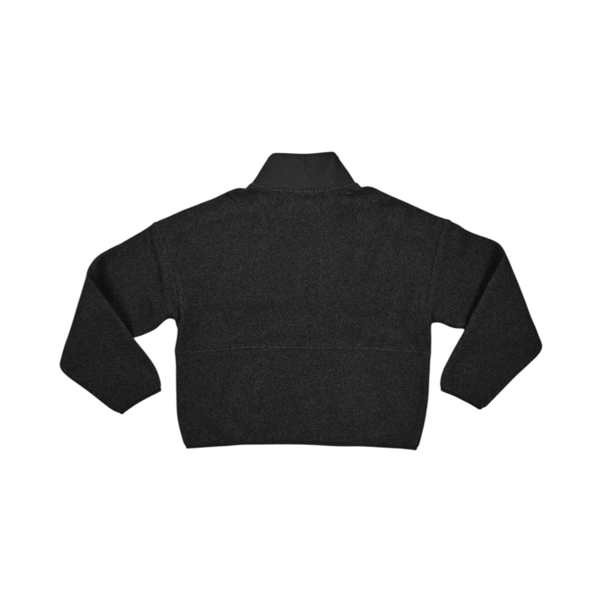 Back of a charcoal Smartwool cropped fleece pullover laid flat.