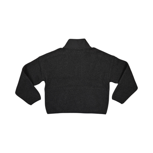 Back of a charcoal Smartwool cropped fleece pullover laid flat.