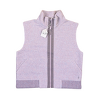 Pale flecked lilac Smartwool fleece vest laid flat, showing the zip front and pockets.