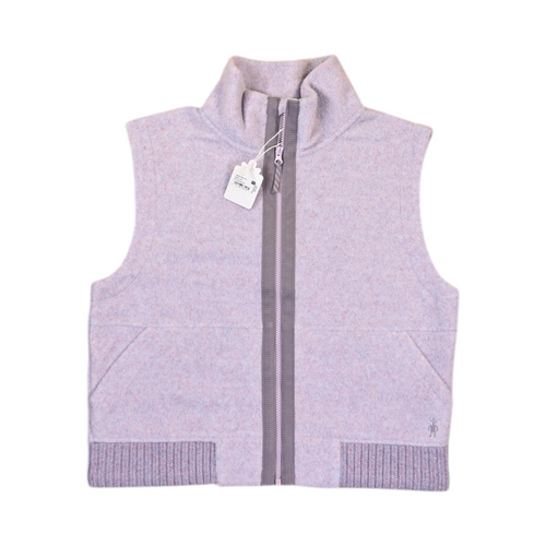 Pale flecked lilac Smartwool fleece vest laid flat, showing the zip front and pockets.